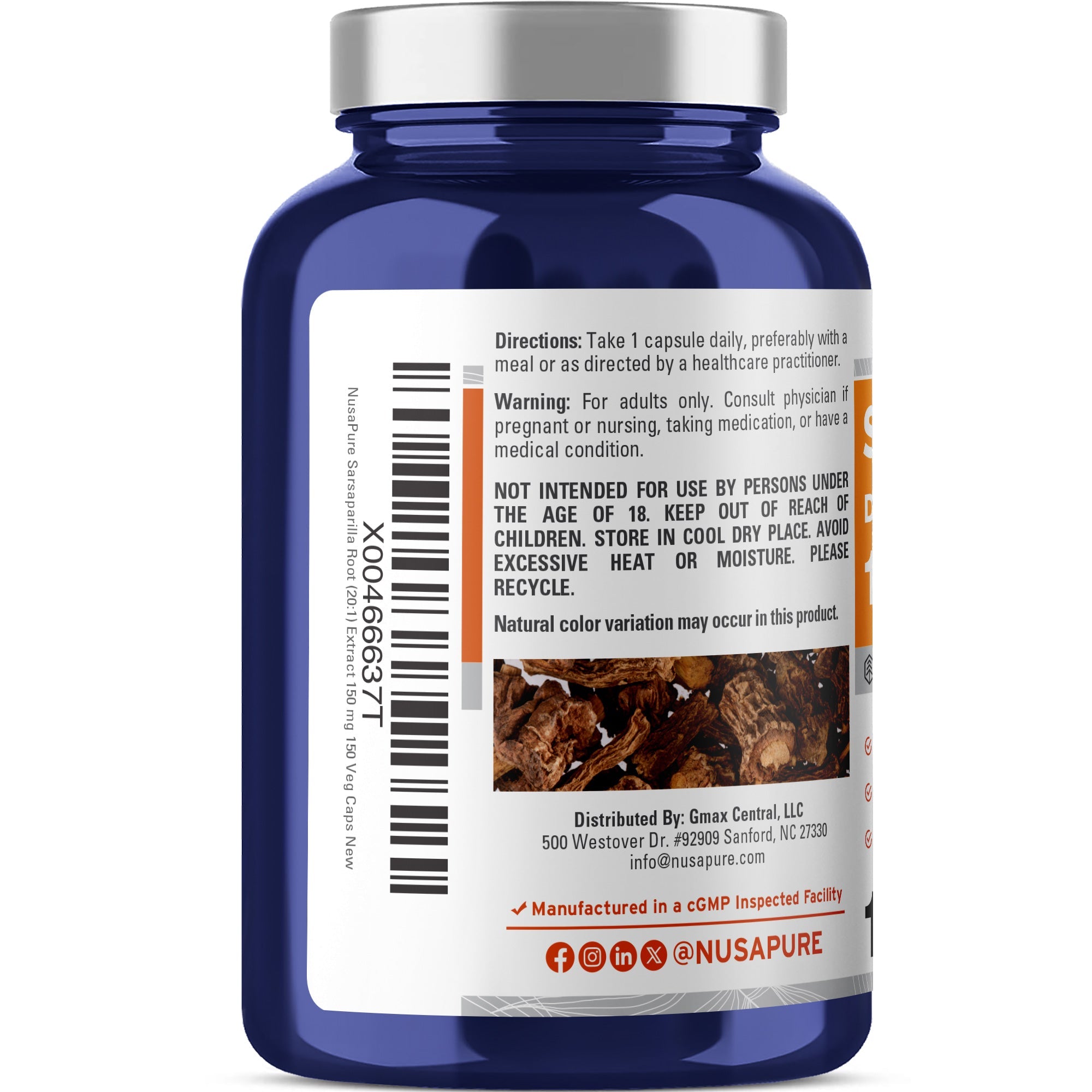 NusaPure Sarsaparilla Root 20:1 Extract - Suitable for Vegetarian/Vegan, Non - GMO - 150 mg - 150 Capsules