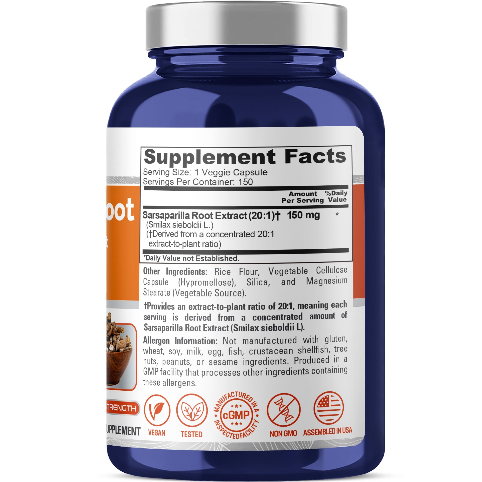 NusaPure Sarsaparilla Root 20:1 Extract - Suitable for Vegetarian/Vegan, Non - GMO - 150 mg - 150 Capsules