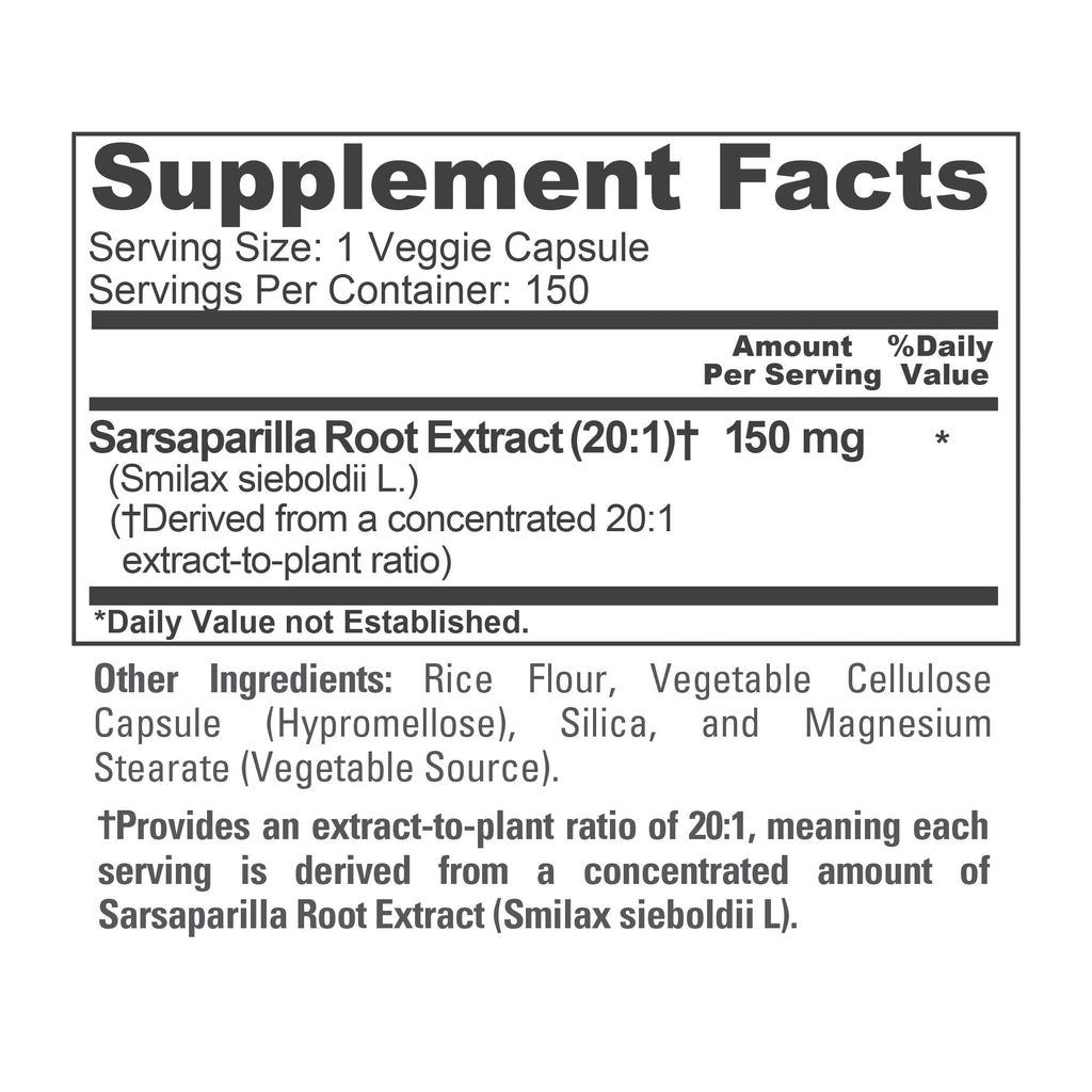 NusaPure Sarsaparilla Root 20:1 Extract - Suitable for Vegetarian/Vegan, Non - GMO - 150 mg - 150 Capsules