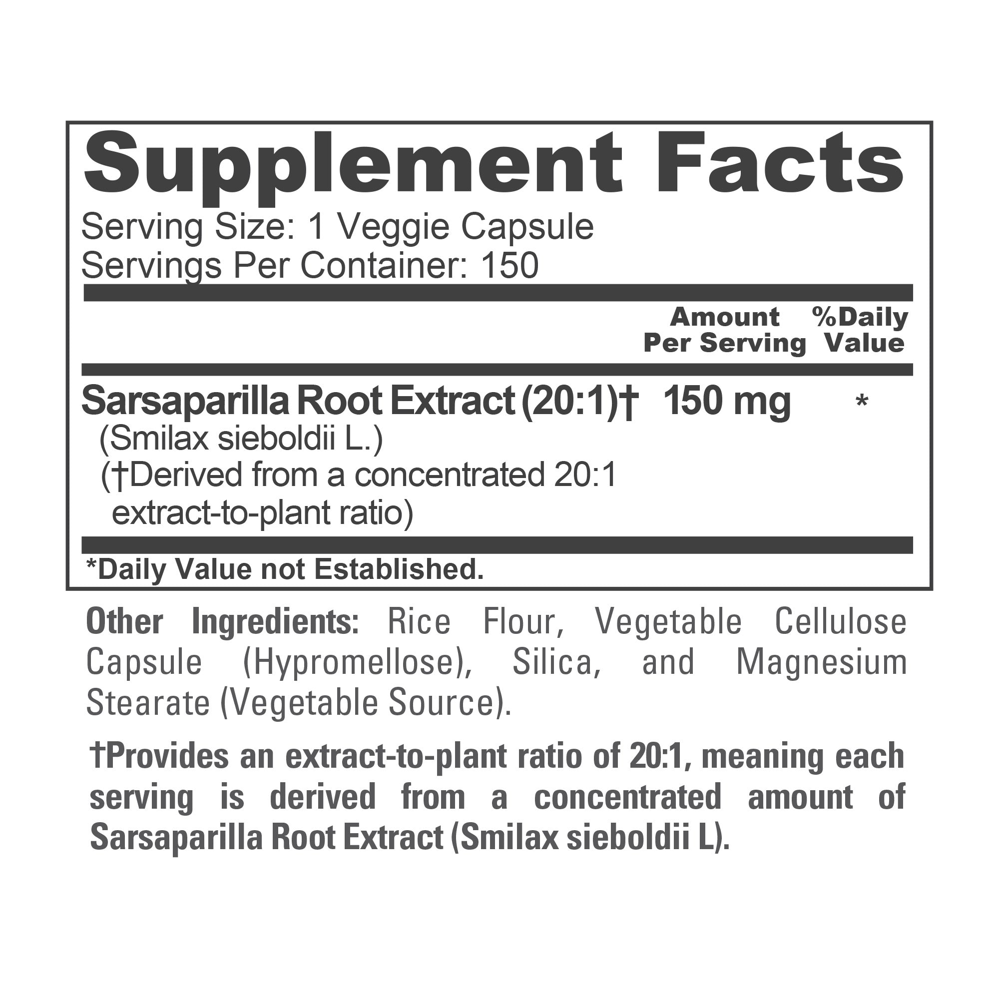 NusaPure Sarsaparilla Root 20:1 Extract - Suitable for Vegetarian/Vegan, Non - GMO - 150 mg - 150 Capsules