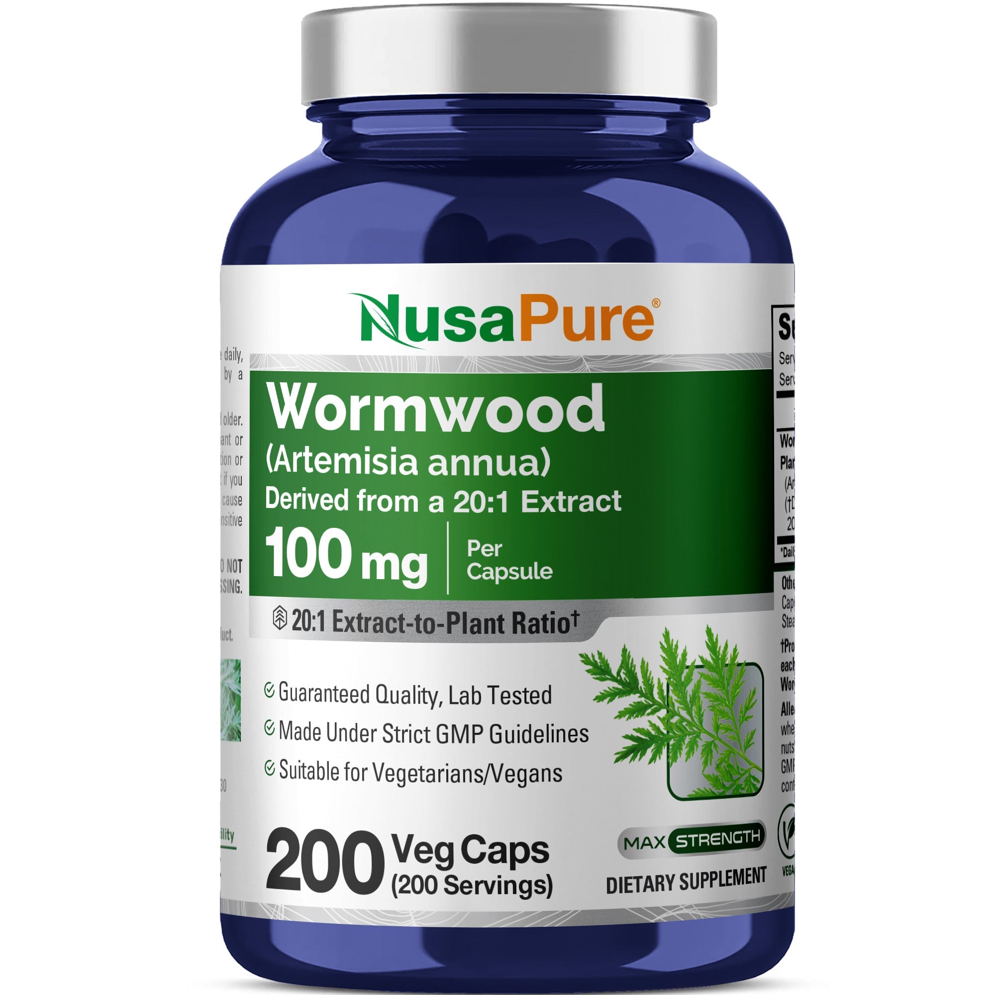 NusaPure Wormwood Capsules 100mg | Artemisia Annua Herb | 200 Count | Non-GMO & Vegan Supplement