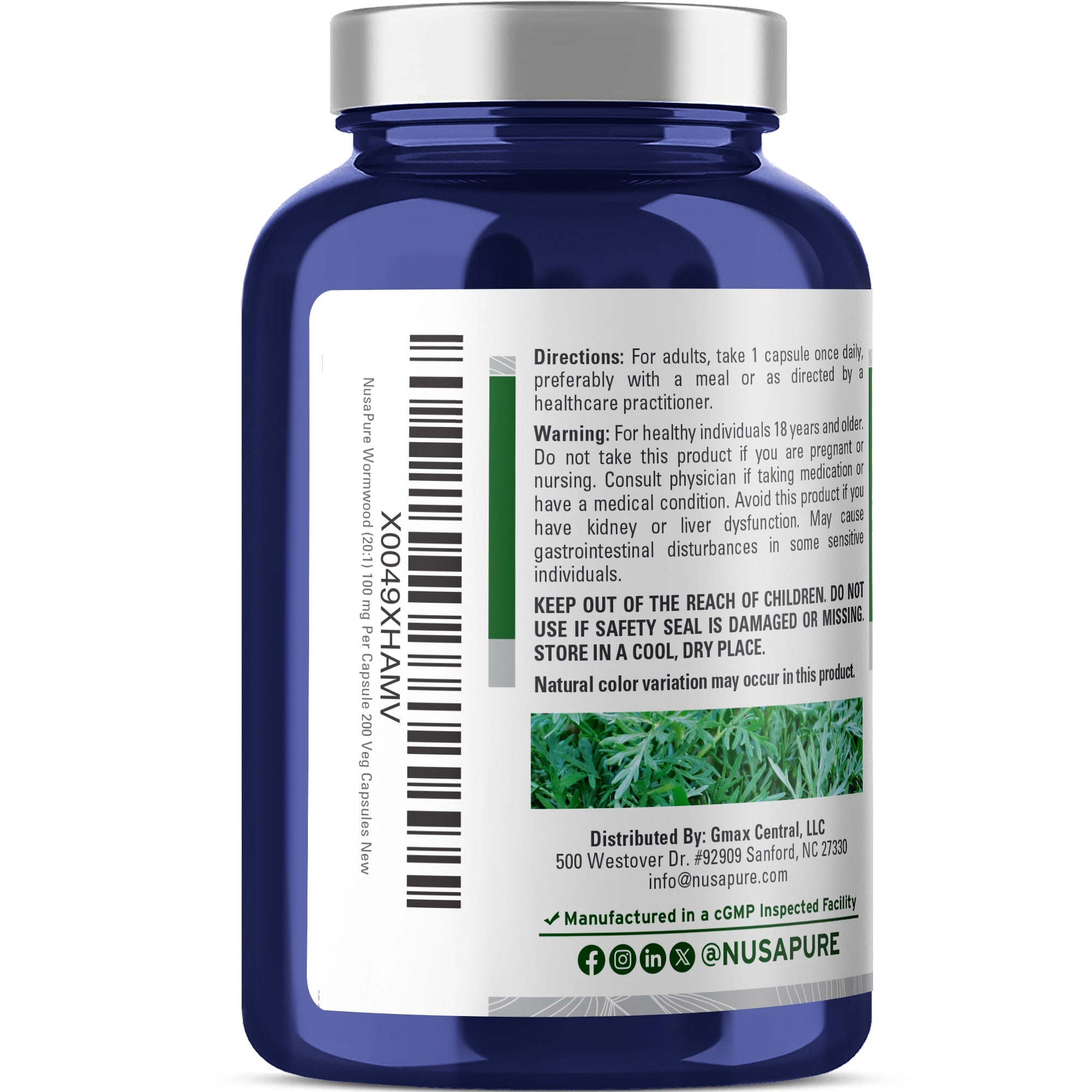 NusaPure Wormwood Capsules 100mg | Artemisia Annua Herb | 200 Count | Non-GMO & Vegan Supplement