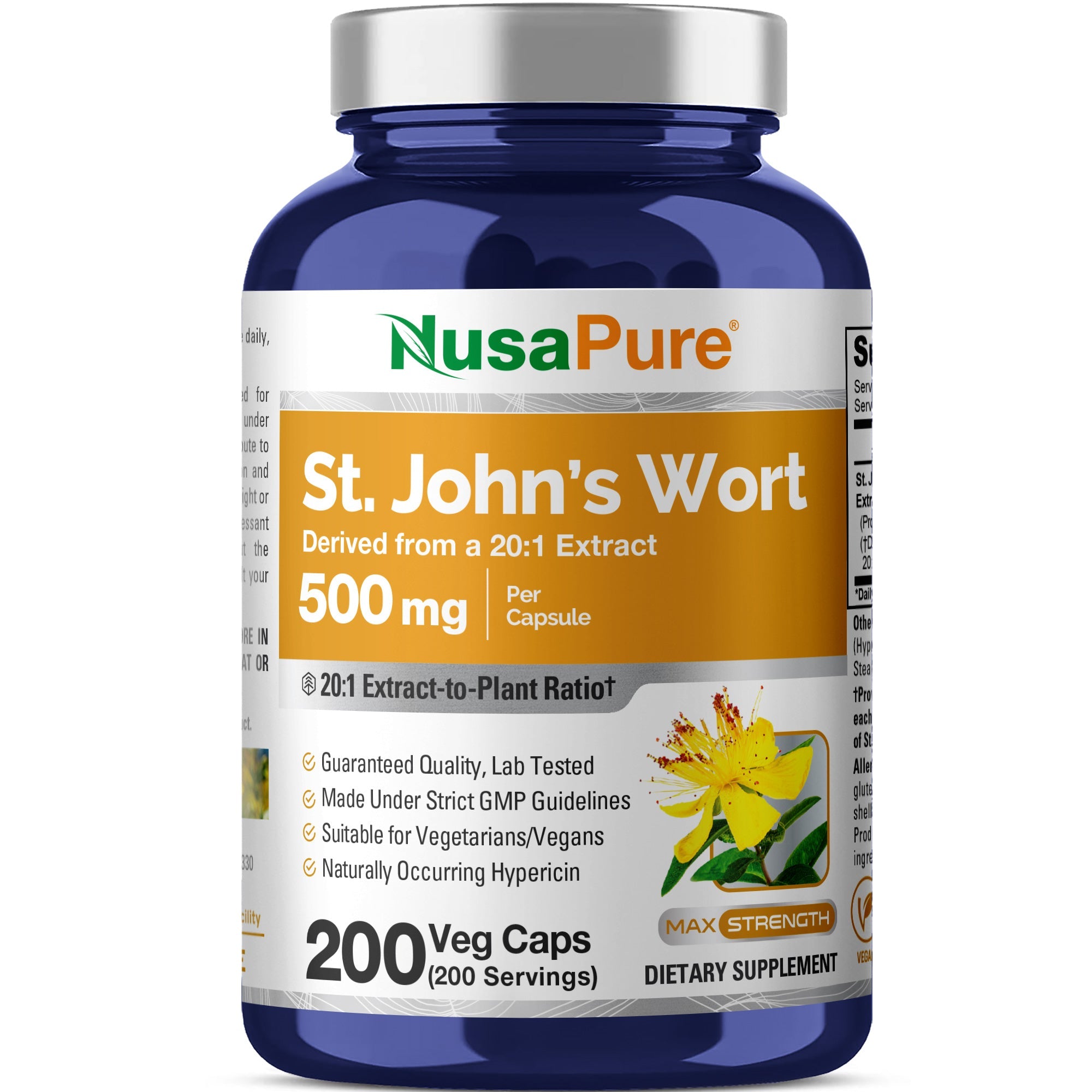 NusaPure St. John's Wort Extract 20:1 - Suitable for Vegetarian/Vegan, Non- GMO - 500mg - 200 Capsules