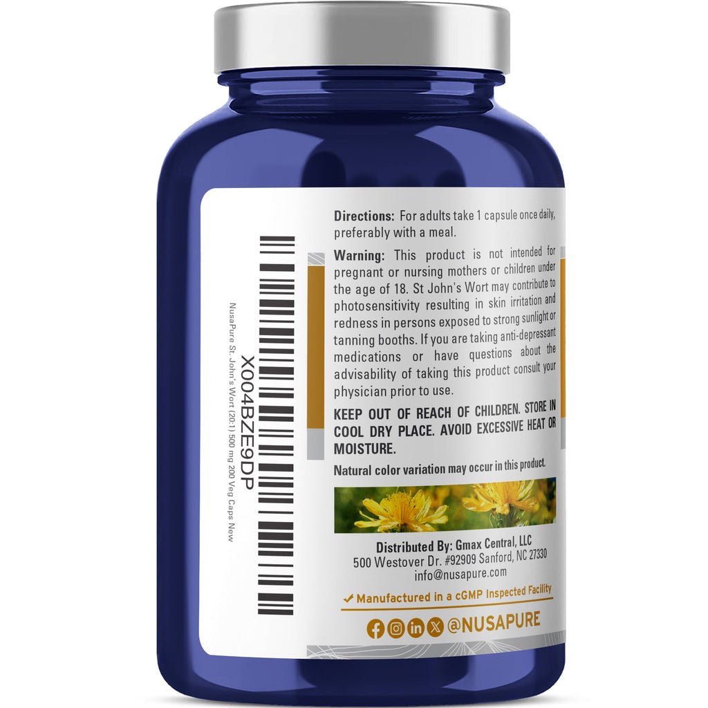 NusaPure St. John's Wort Extract 20:1 - Suitable for Vegetarian/Vegan, Non- GMO - 500mg - 200 Capsules