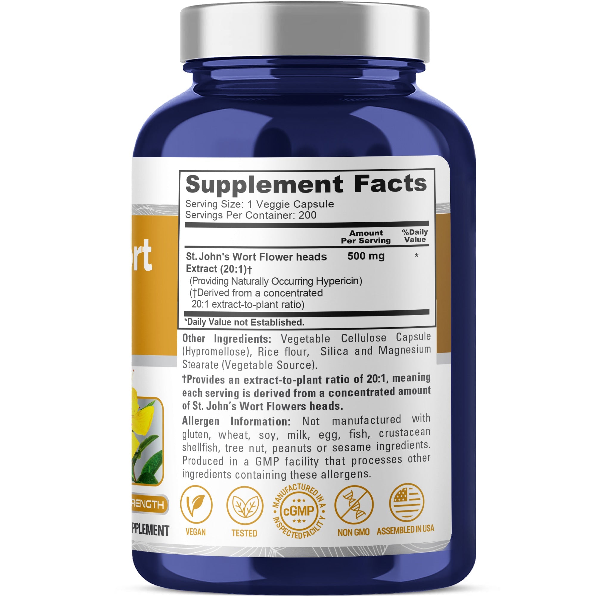 NusaPure St. John's Wort Extract 20:1 - Suitable for Vegetarian/Vegan, Non- GMO - 500mg - 200 Capsules