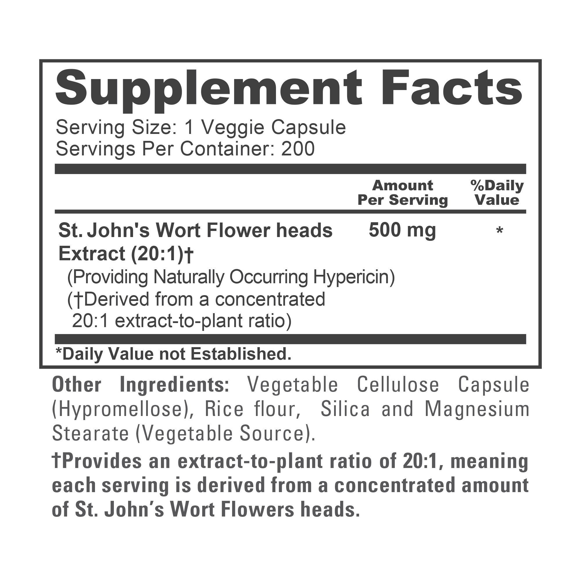NusaPure St. John's Wort Extract 20:1 - Suitable for Vegetarian/Vegan, Non- GMO - 500mg - 200 Capsules