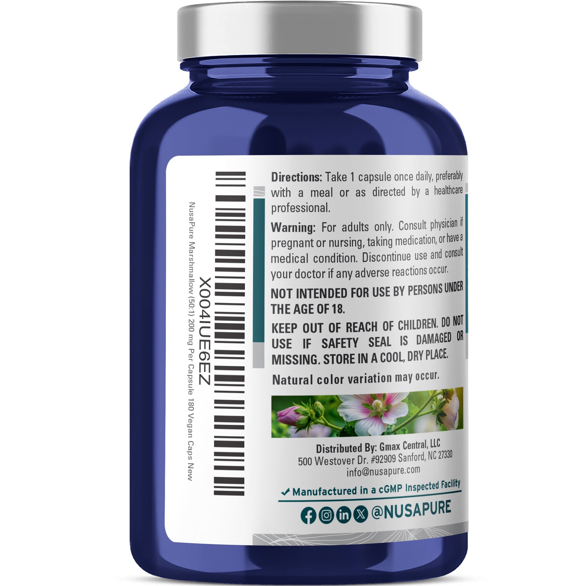 NusaPure Marshmallow Root 50:1 Extract, 200 mg Per Veggie Caps 180 Count (Non-GMO, Vegan) Bioperine