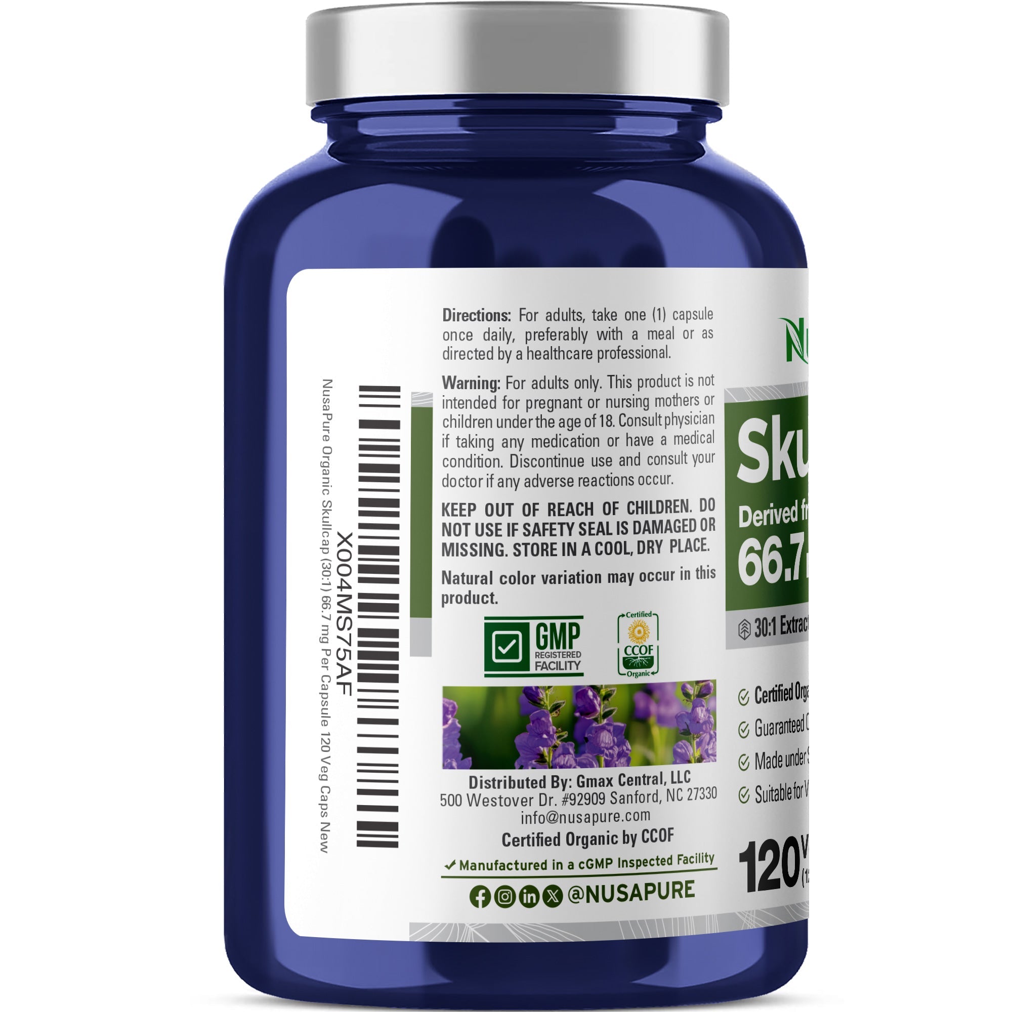 NusaPure Organic Skullcap Root 30:1 Extract, 66.66 mg Per Veggie Caps 120 Count (Non-GMO, Vegan)