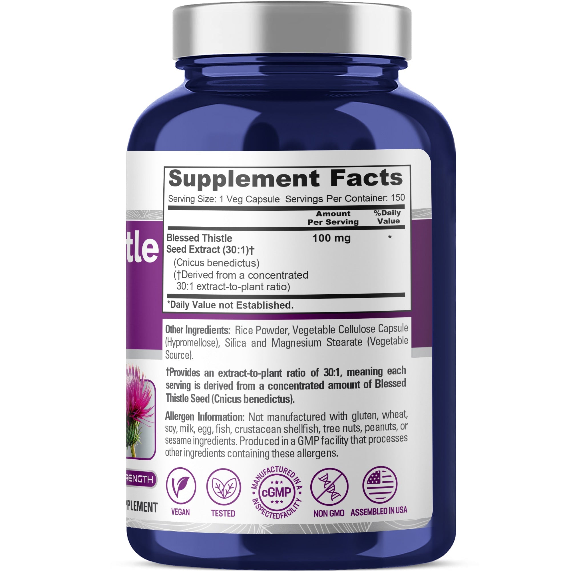 NusaPure Blessed Thistle Seed 30:1 Extract, 100 mg Per Veggie Caps 150 Count (Non-GMO, Vegan)
