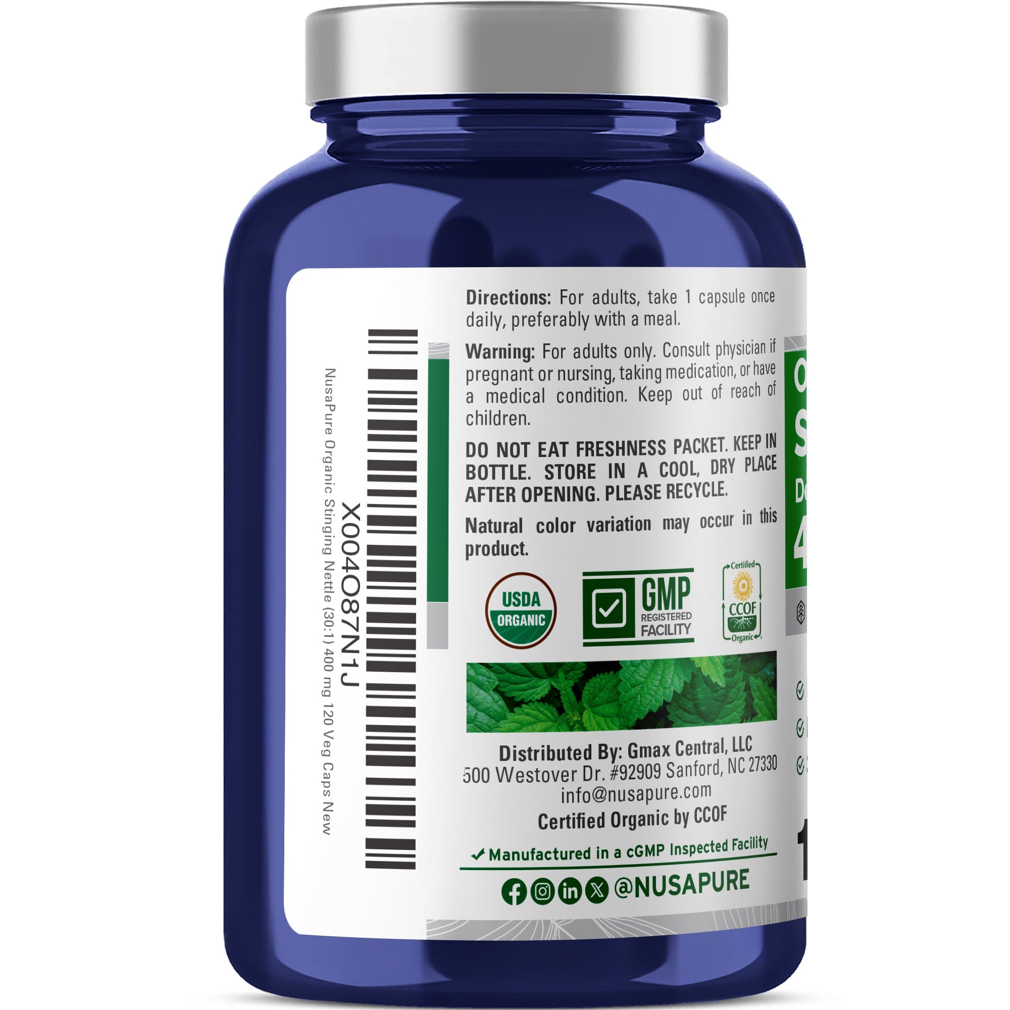 NusaPure USDA Organic Stinging Nettle 30:1 Extract, 400 mg 120 Veg Caps Suitable for Vegetarians and Vegans, Non-GMO