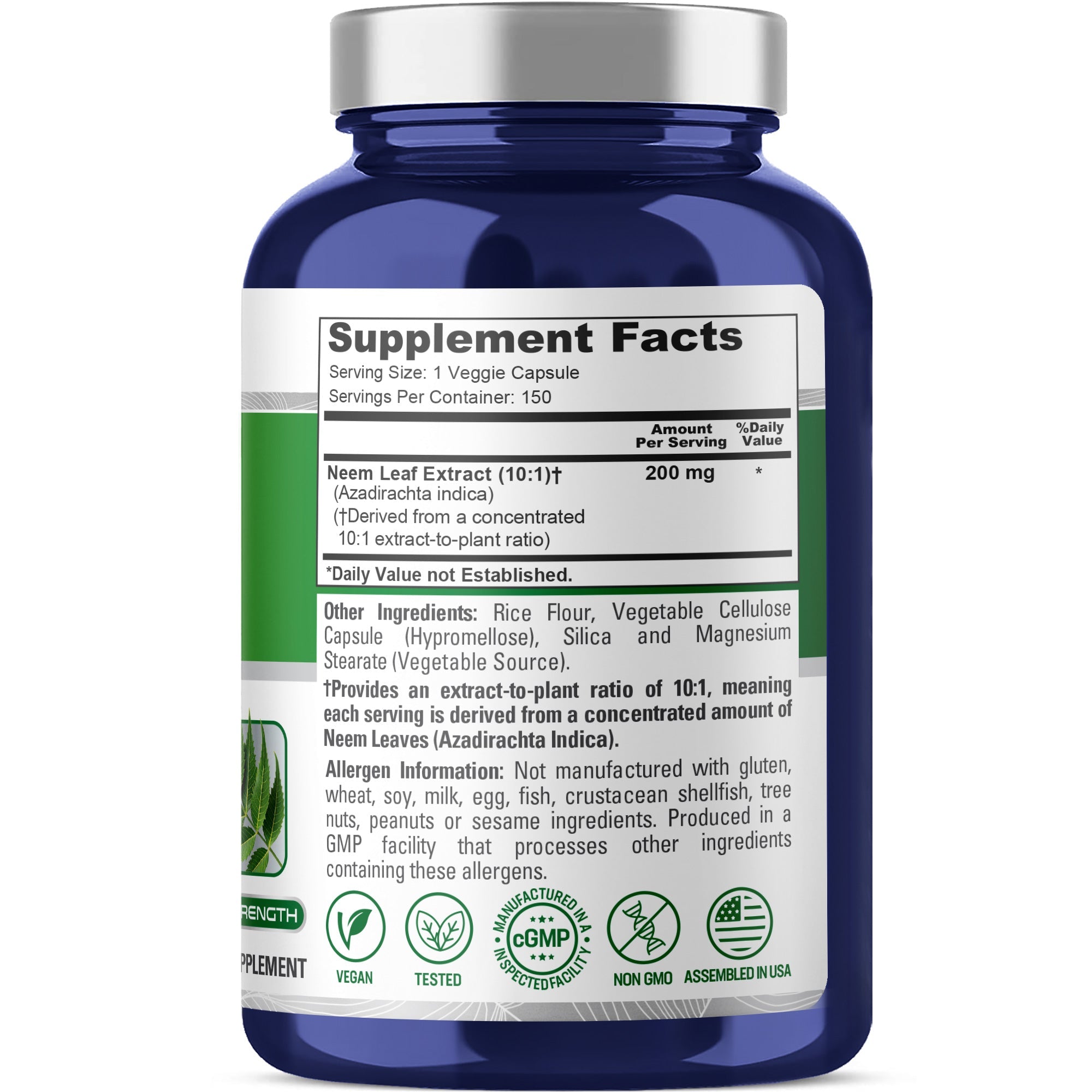 NusaPure Neem Leaf Root 10:1 Extract, 200 mg 150 Veggie Capsules|Herbal Supplement|Non-GMO, Vegan
