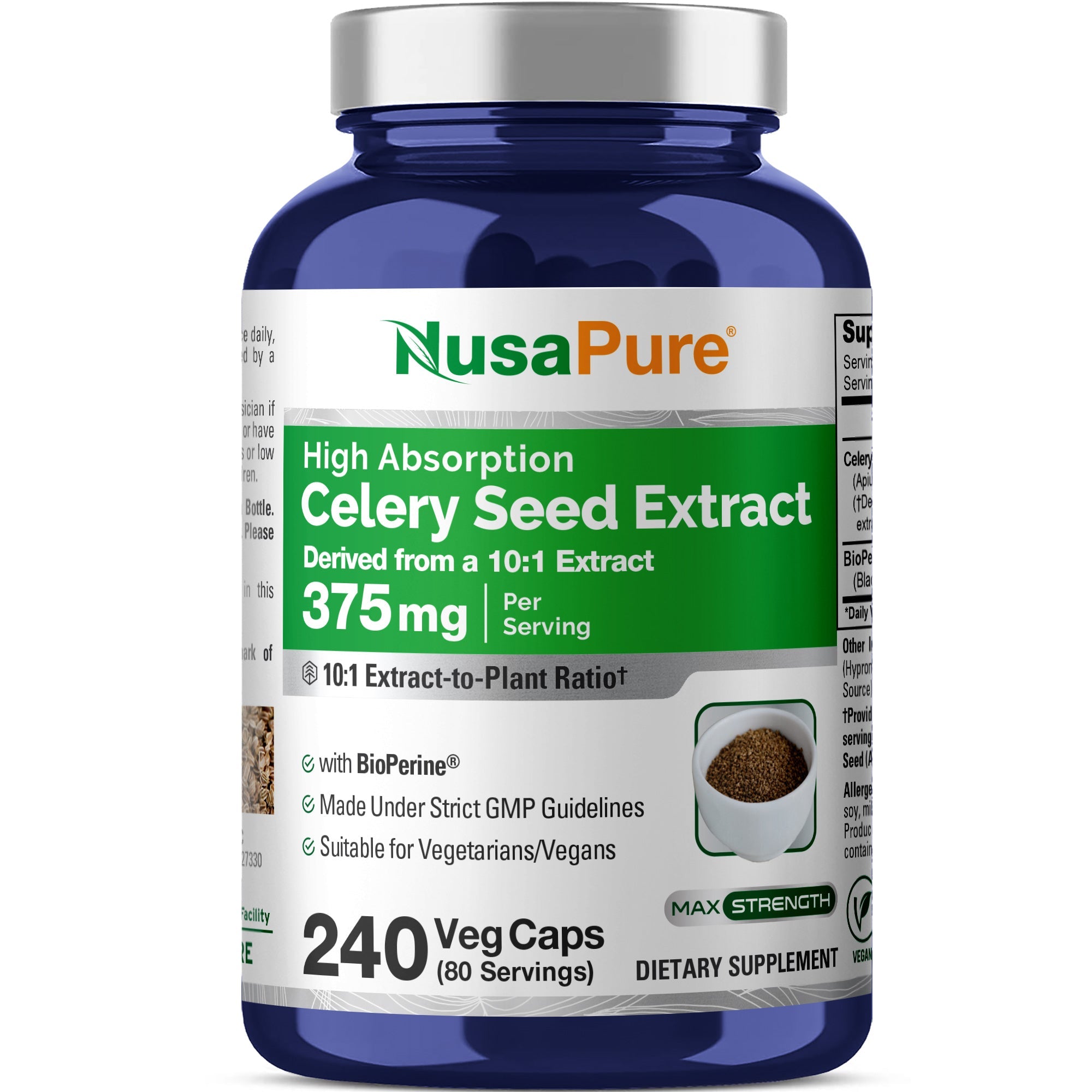 NusaPure Celery Seed Capsules 10:1 Extract, 375 mg, 240 Veggie Caps, Non-GMO, Vegan