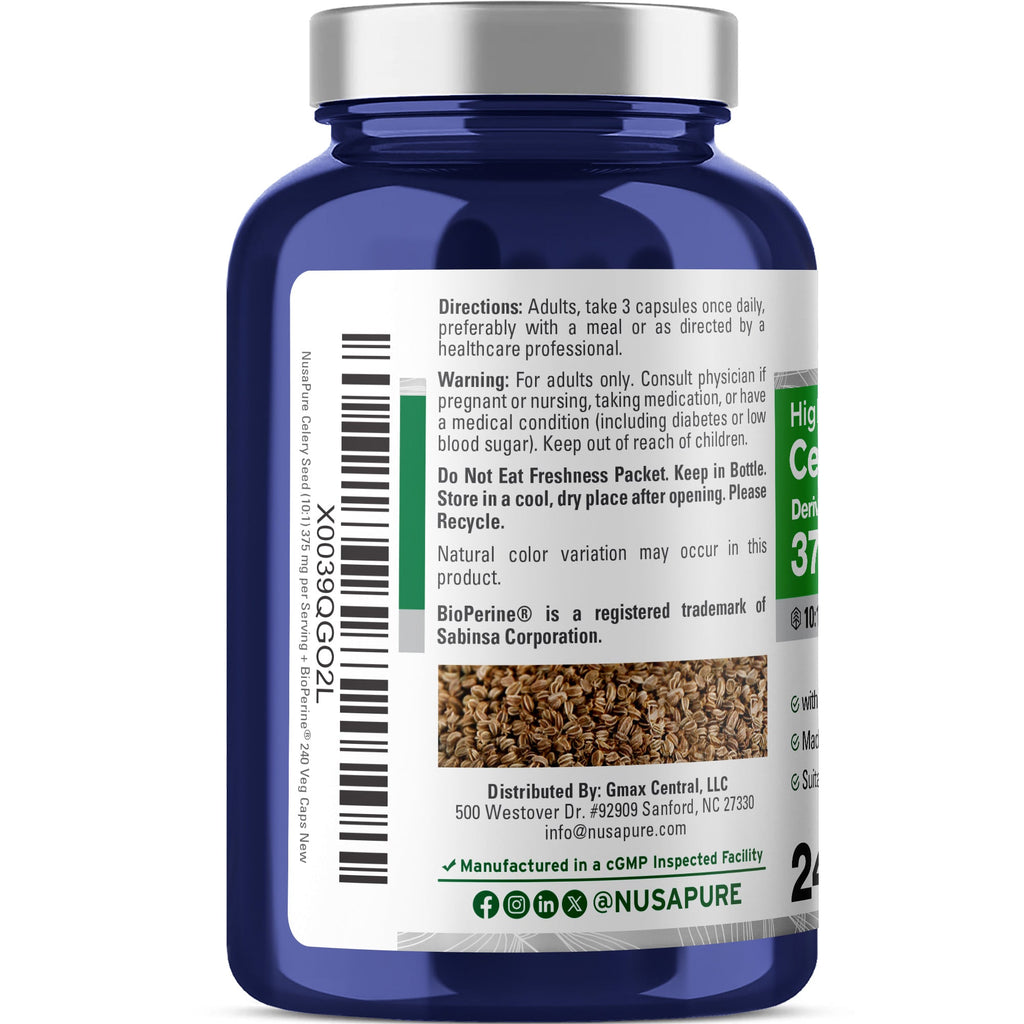 NusaPure Celery Seed Capsules 10:1 Extract, 375 mg, 240 Veggie Caps, Non-GMO, Vegan
