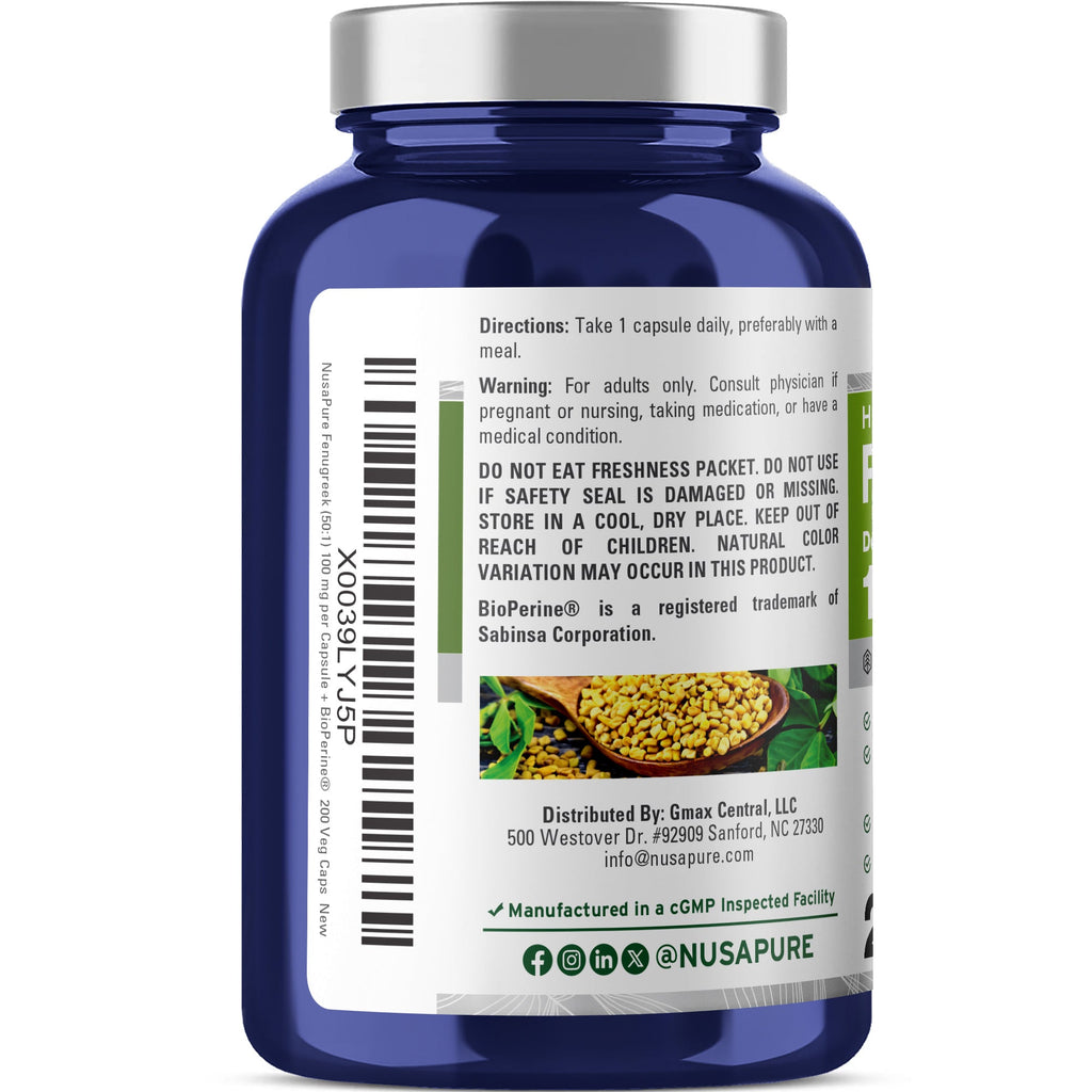 NusaPure Fenugreek Capsules, 50:1 Extract, 100 mg, 200 Veggie Caps, Non-GMO, Vegan