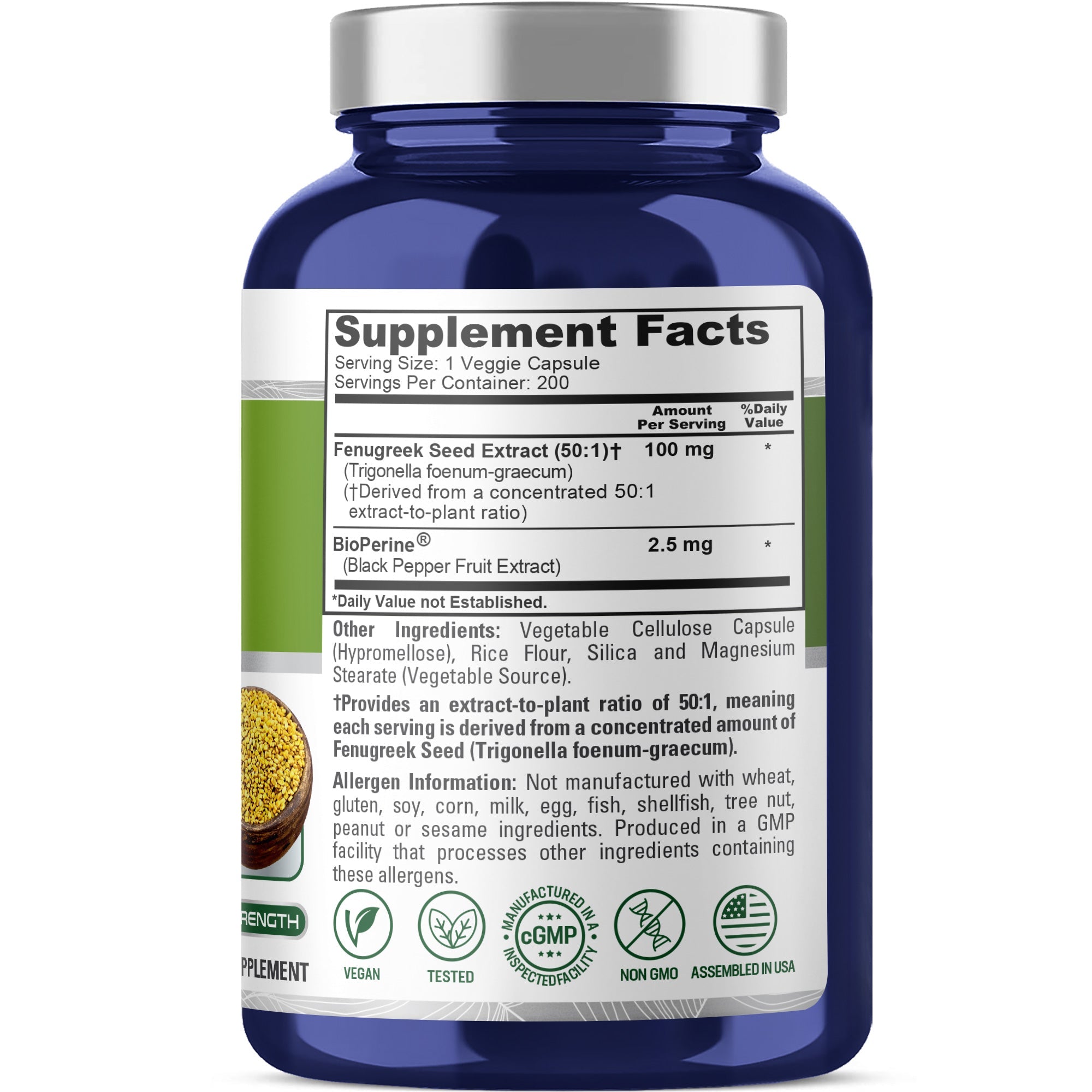 NusaPure Fenugreek Capsules, 50:1 Extract, 100 mg, 200 Veggie Caps, Non-GMO, Vegan