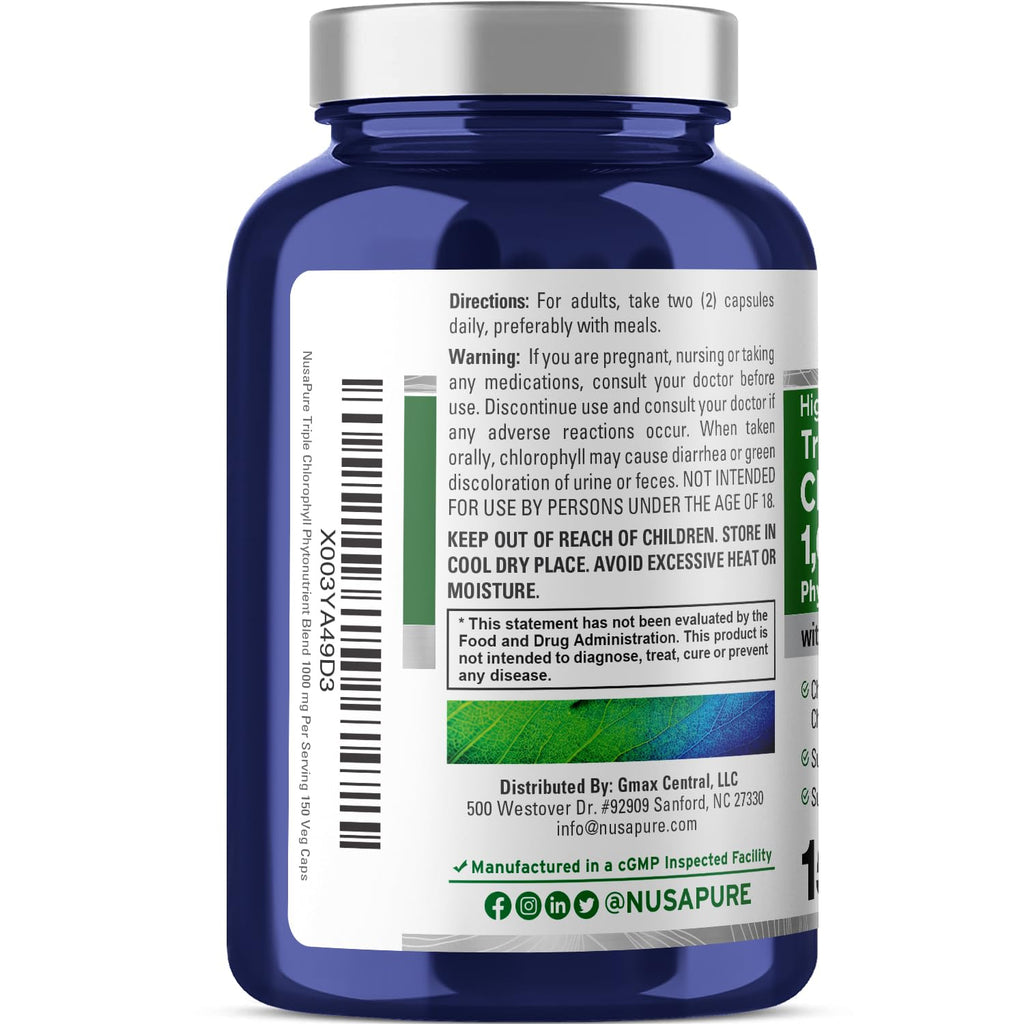 NusaPure High Absorption Triple Chlorophyll 1000 mg 150 Veg Caps Suitable for Vegetarians and Vegans, Non-GMO