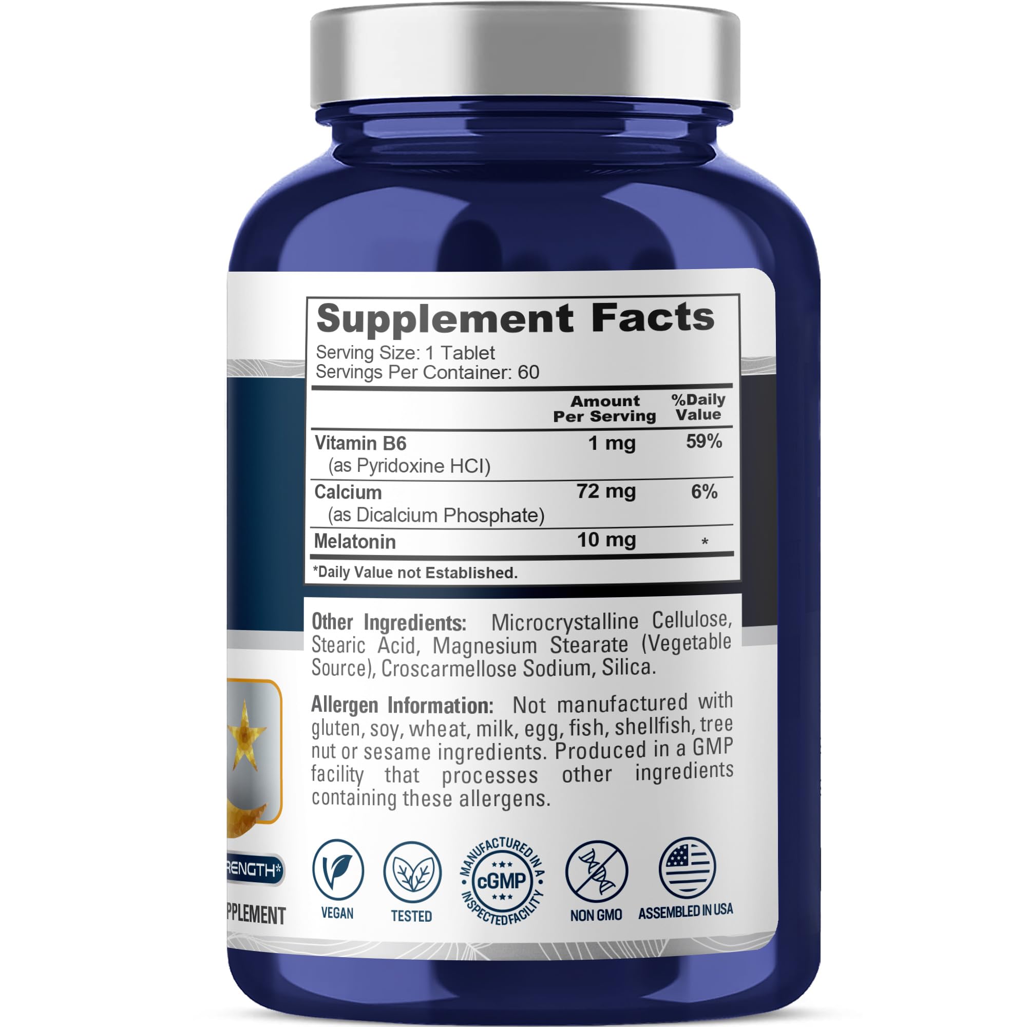 NusaPure Melatonin + Vitamin B6 10 mg Per 60 Tablets Vegetarians Vegans Non-GMO Dietary Supplement