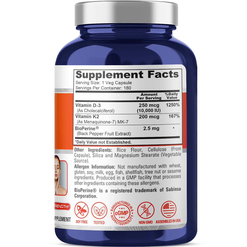 NusaPure Vitamin K2 (MK7) (200mcg) + Vitamin D3 (10000 IU) 180 Veg Caps - Bioperine, Soyfree, Non-GMO