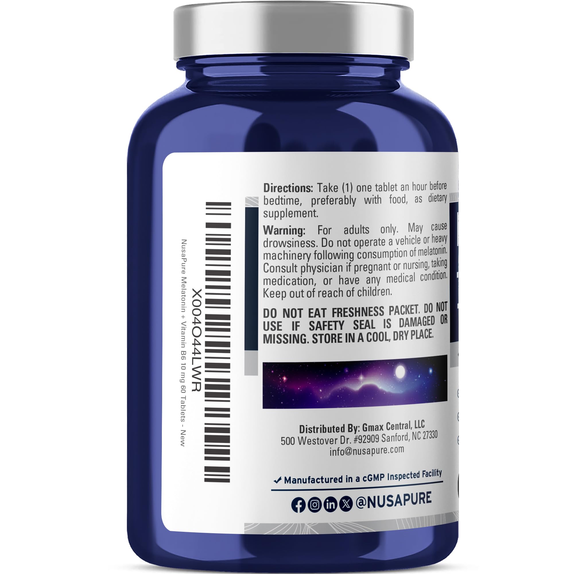 NusaPure Melatonin + Vitamin B6 10 mg Per 60 Tablets Vegetarians Vegans Non-GMO Dietary Supplement