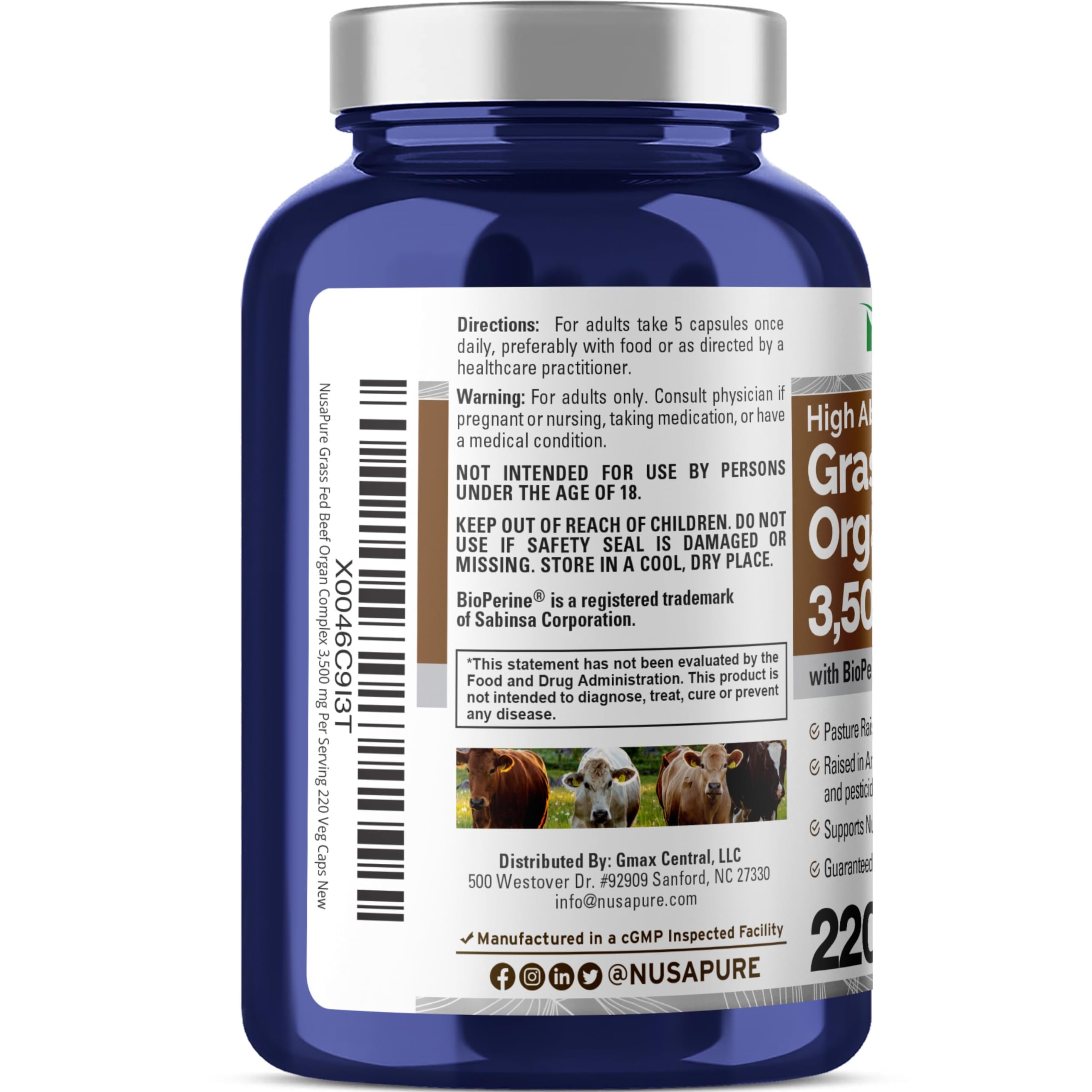 NusaPure Grass Fed Beef Organ Complex | 220 Capsules | Pasture Raised | with Desiccated Liver, Kidney, Pancreas, Heart, Spleen | Soyfree Non-GMO, Bioperine