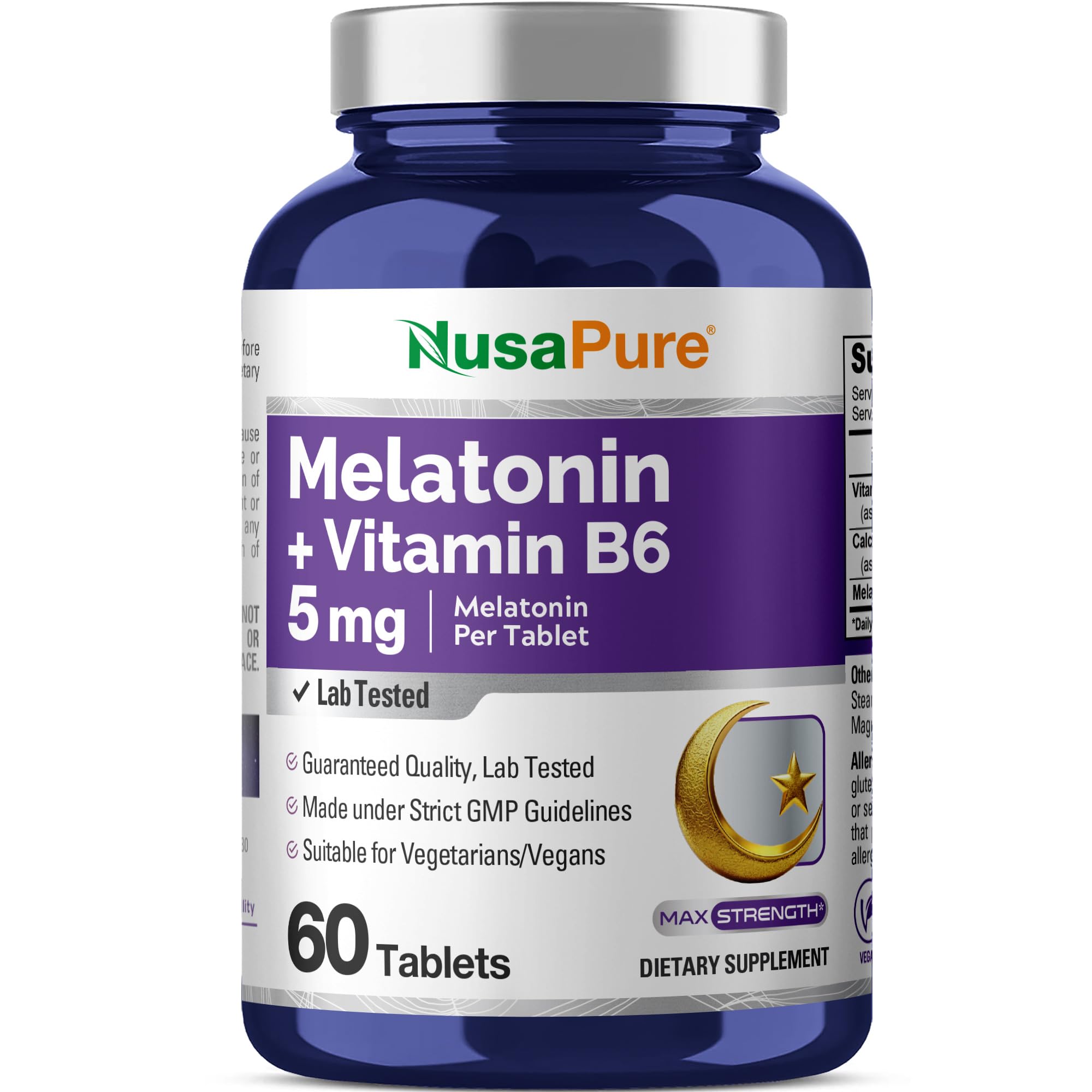 NusaPure Melatonin with Vitamin B6 & Calcium - Suitable for Vegetarian/Vegan, Non-GMO - 5 mg - 60 Tablets