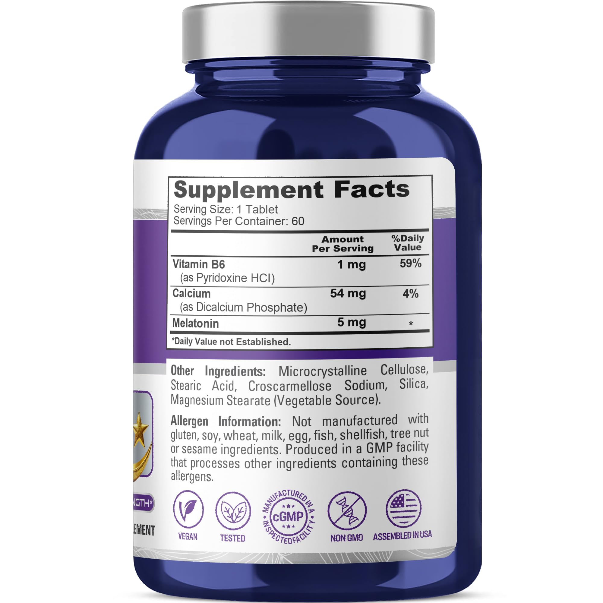 NusaPure Melatonin with Vitamin B6 & Calcium - Suitable for Vegetarian/Vegan, Non-GMO - 5 mg - 60 Tablets