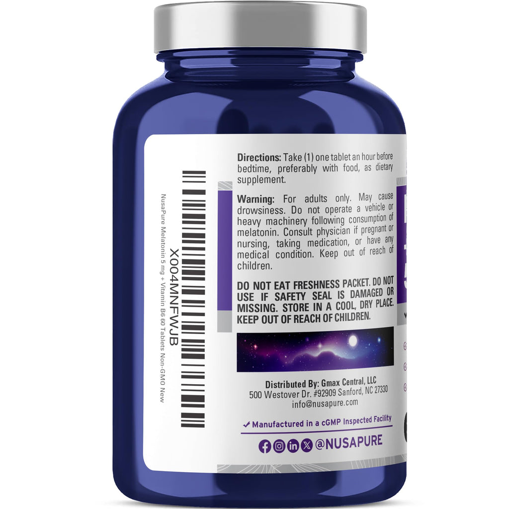 NusaPure Melatonin with Vitamin B6 & Calcium - Suitable for Vegetarian/Vegan, Non-GMO - 5 mg - 60 Tablets