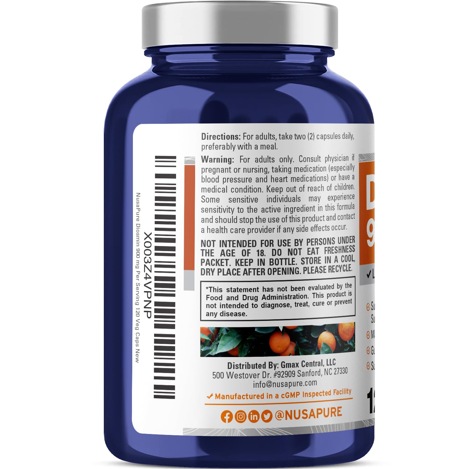 NusaPure Diosmin 900mg per Serving 120 Veggie Caps (Non-GMO, Vegan)
