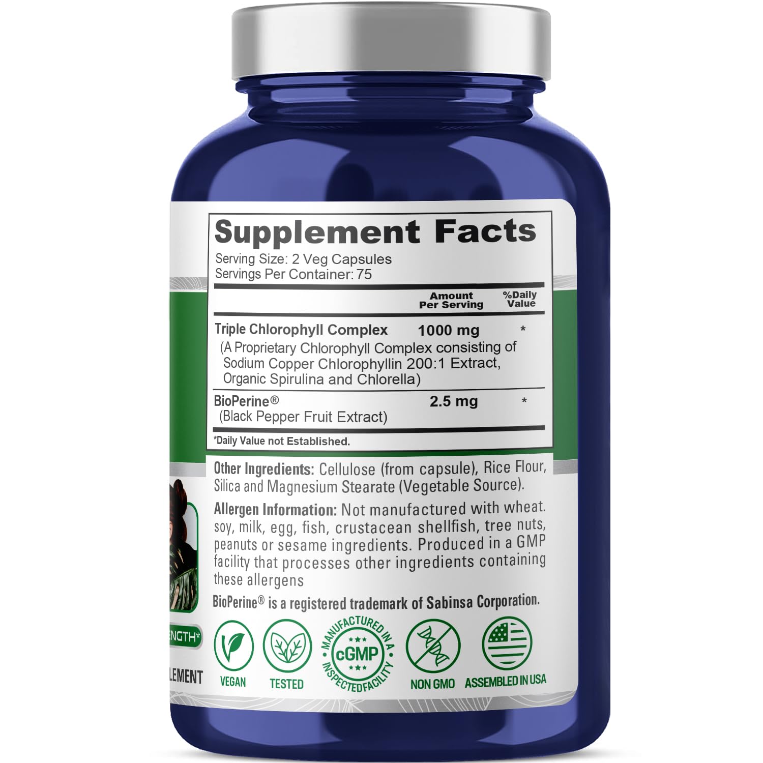 NusaPure High Absorption Triple Chlorophyll 1000 mg 150 Veg Caps Suitable for Vegetarians and Vegans, Non-GMO