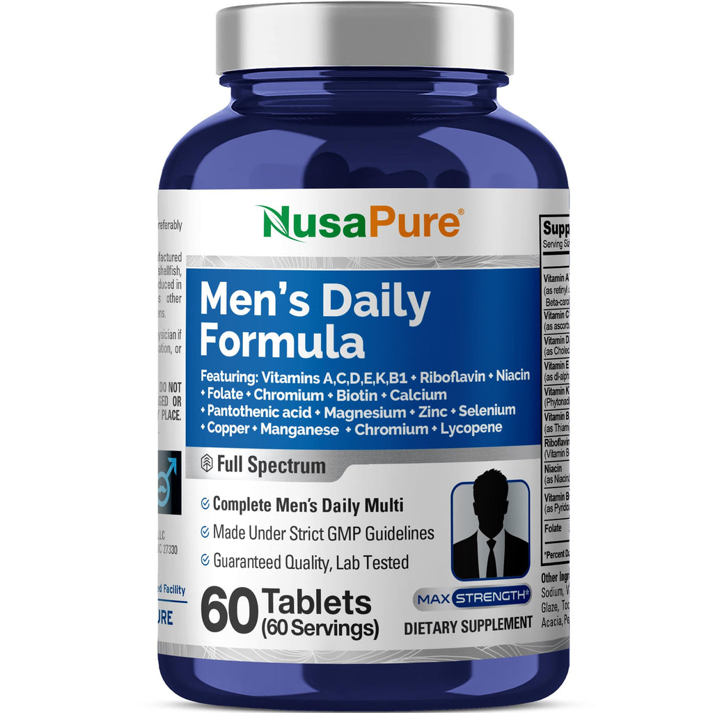 NusaPure Men’s Daily Formula – Full Spectrum Multivitamin with Vitamins A, C, D, E, K, B-Complex, Folate, Biotin, Minerals & Lycopene | 60 Tablets | Non-GMO
