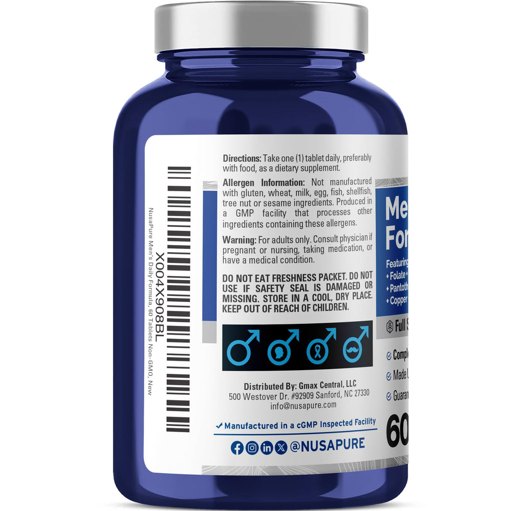 NusaPure Men’s Daily Formula – Full Spectrum Multivitamin with Vitamins A, C, D, E, K, B-Complex, Folate, Biotin, Minerals & Lycopene | 60 Tablets | Non-GMO