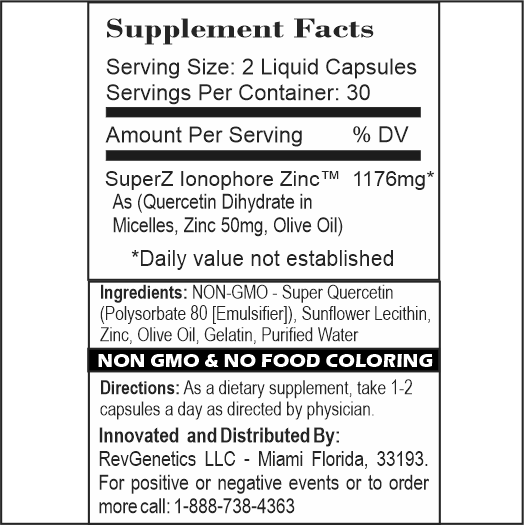 Super Z - Nano Quercetin with Zinc in Micelles Supplement - Advanced Micelle Ionophore Formula for Anti-aging Health - Immune to plain Zinc- Better than liposomal -By RevGenetics
