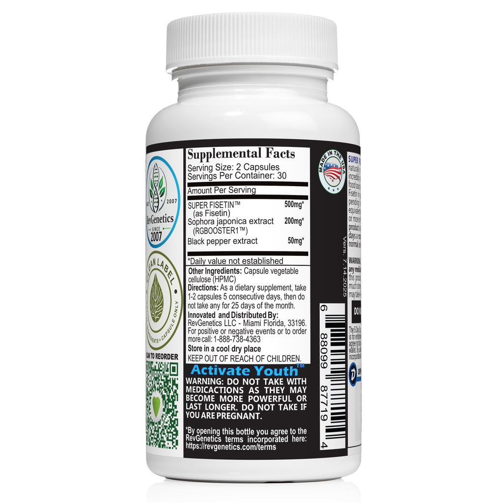 Super Fisetin 500mg - 6 Month Senolytic Supplement - Supports Cellular Health & Longevity - GMP-Certified - Destroy Zombie Cells - For Anti-Aging by RevGenetics